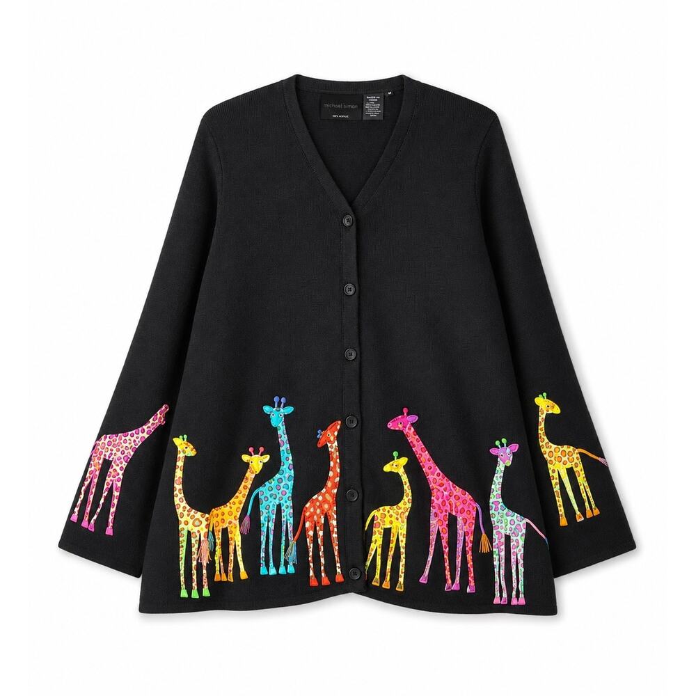 Vintage Michael Simon New York Giraffe Cardigan‎ Sweater Size 3X Black Colorful